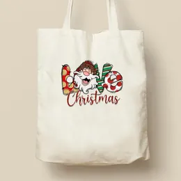 Storage Bags Cartoon Merry Christmas Love Santa Claus Print Casual Handbags Ladies Totes Warm Reusable Shopping Bag For Groceries