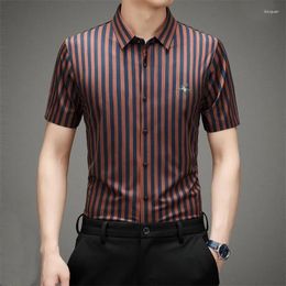 Men's Casual Shirts Summer Clothing Short Sleeve Turn-down Collar Contrast Color Striped Button Cardigan Shirt Business Modern Tops
