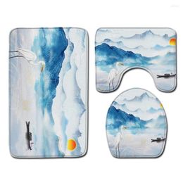 Bath Mats WaterInk Mountain Water Landscape Bathroom 3-piece Set Non-slip Carpet U-Shaped Mat Toilet Seat Super Absorbent