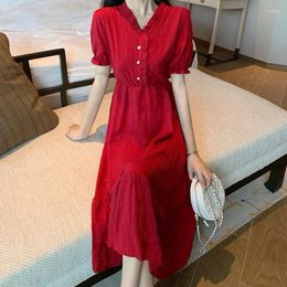 Casual Dresses 2024 Summer Elegant Red Dress Women's Clothing Temperament Short Sleeve V-neck Party D120