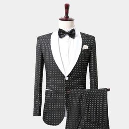 Fashion Gentleman Black & White Polka Dot Tuxedo Suit With Shawl Lapel Mens Suits Custom Made Wedding Tuxedos Jacket Pants Vest Slim Fi 3216