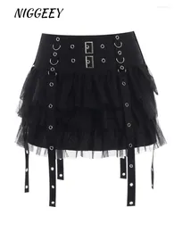 Skirts NIGGEEY Dark Punk Gothic Style Chicken Eye Buckle Ribbon Low Waist Pleated Skirt Gauze Subculture A-line Half Women