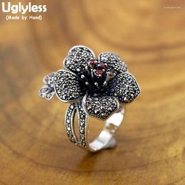 Cluster Rings Uglyless Vintage Thai Silver Marcasite Flowers For Women Blooming Big Size Floral Solid 925 Garnet Jewelry