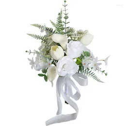 Decorative Flowers Wedding Bouquets With Ribbon For Bride White Artificial Flower
