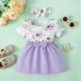 Girl Dresses Baby Floral Ruffle Short Sleeve Dresswith Bow Headwear Fashion Style Birthday Party Dress Summer Wear For Toddler 0-3 Years