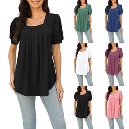 Women's T Shirts Solid Color Square Neck Short Sleeve Pleated Shirt Summer Fashion Casual Top