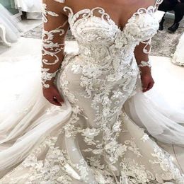 2022 Glamorous Mermaid Wedding Dresses with Detachable Train Illusion Sheer Neck Long Sleeves Handmade Flowers Luxury Bridal Gowns BA97 199x