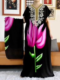 Ethnic Clothing 2023 Women Summer Dress Solid Cotton Short Slve Loose Maxi Robe Floral Femme Musulmane African Dashiki Printed Floral Dress T240510