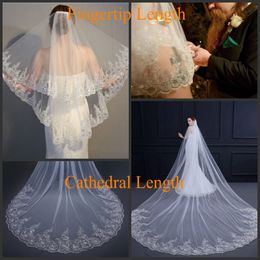 Cheap 2 Tier Bridal Wedding Veil with Comb Lace Applique Sequin Edge White Ivory Hair Accessories Wedding Veil for Brides Two Layers 2608