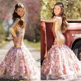 Blingbling Gold Mermaid Sequined Girls Pageant Dresses Long Sleeves Backless Little Kids Communion Gowns Flower Girl Dresses For Weddin 262T