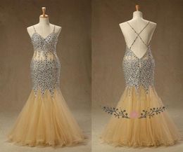 Sparkly Champagne Mermaid Cheap Prom Dresses with Bling Crystals Beaded Backless Long Tulle See Through Waist Sequin Beaded Evenin5010898