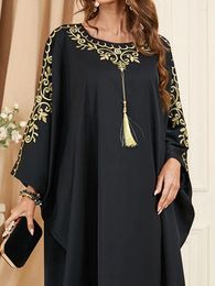 Ethnic Clothing Muslim Floral Golden Embroidery Casual Abaya Long Sleeve Batwing Tassel Dress Moroccan Dubai Women Robe