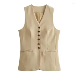 Women's Tanks Khaki Sleeveless Long Tank Tops For Women 2024 Spring Summer Street Wear Style Lady Button V Neck Sexy