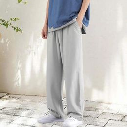 Men's Pants Drawstring Waist Japanese Style Ice Silk Wide Leg Sweatpants With Side Pockets For Gym Training Jogging Elastic