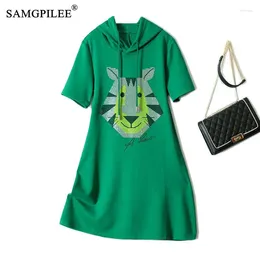Party Dresses SAMGPILEE For Women 2024 Korean Fashion Casual Hooded Drill Cartoon Picture Short-sleeved Sweater Dress Woman
