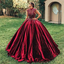 Burgundy Lace Ball Gown Wedding Dresses High Neck Beaded Bridal Gowns Plus Size Appliqued Sweep Train Satin Vestido De Novia 2712