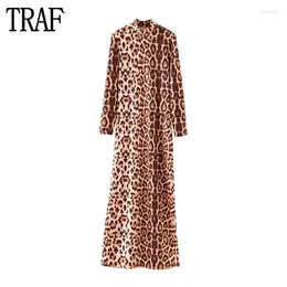 Casual Dresses Leopard Print Long For Women Turtleneck Summer Dress Woman 2024 Sleeve Maxi Fashion Female