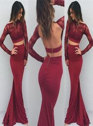 Burgundy Two Pieces Dresses Evening Wear 2017 Lace Sheer Neck Sexy Open Back Long Sleeves Prom Dress Mermaid Button Back Cheap Par8598200