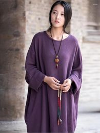 Casual Dresses Women Spring Cotton Linen Solid Loose Dress Robes Ladies Round Neck Gown Batwing Sleeve