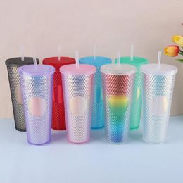 Cups Saucers 710ml Plastic Straw Cup Drinking Double-Walled Rhinestone Rivet With Lid Bubble Tea Large Capacity For Sports