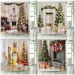 Shower Curtains Vintage Fireplace Christmas Xmas Tree Gift Year Wall Hanging Home Bathroom Decor Polyester Fabric With Hooks