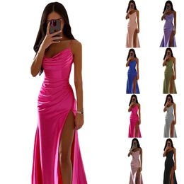 Womens Spring Bra Shrink Fold Split Satin Dress Sexy Slim Fit Wrap Hip Dress 240508