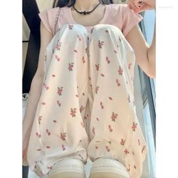 Women's Pants 2024 Summer High Waist Buttom Japanese Y2k E-Girl Straight Wide Leg Women American Casual White Flower Print Cargo