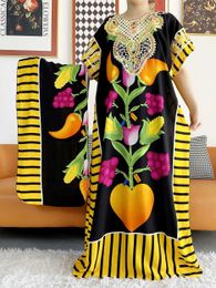 Ethnic Clothing Newest Muslim Party Dress With Scarf For Women Loose Dshiki Maxi Robe Femme Musulmane African Sequnise Printed Floral Abaya T240510