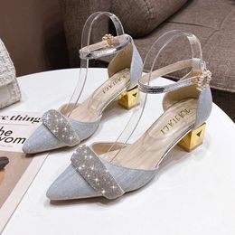 Rhinestones High Heels Pointed Rough Heel Sandals Summer Pumps Blue Gold Wedding Bride Office Shoes for Women