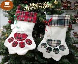 Christmas Stocking Monogrammed Pet Dog Paw Gift Bag Plaid Xmas Stockings Christmas Tree Ornaments Decorations Party Decor 2 Styles7317101