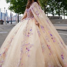 Light Champagne Shinny Quinceanera Prom Dresses Applique Lace Beads Tull Off The Shoulder Princess Sweet 16 Dress Vestidos 15 de