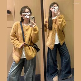 Women's Knits 2024 Yellow Knit Sweaters Women Solid Cardigan Lethargy Casual Knitwear Loose Niche Streetwear Tops