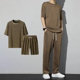 1 Set Men Summer Tshirt Pants O Neck Short Sleeves Top Drawstring Trousers Twopiece Loose Casual Wear Tracksuit 240507