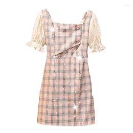 Party Dresses Plus Size 4XL Women Vintage Plaid Pink Mini Dress 2024 Summer Short Sleeve Square Collar Elegant Vestido Robe