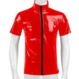 Plus Size Mens Glossy PVC Short-sleeved Shirt Erotic Shaping Sheath Casual Coat Male Shiny Metallic Leather Tops Sexi Catsuit Costumes