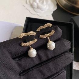 18K Gold Plated Crystal C-Letter Earring Designer Earrings Brand Stud Brass Copper Long Eardrop Famous Women Pearl Studs Wedding Birthday Party Jewellery