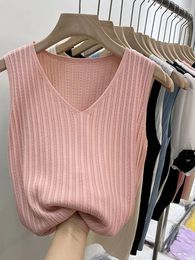Women's Tanks 2024 Summer Versatile Knit Sleeveless Tops Women Basic Solid Tank Casual V-neck Slim Thin Tees Female Ice Shreds Vest