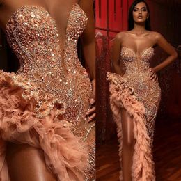 Elegant Evening Formal Dresses Sweetheart Beading Crystals Sexy Prom Gowns Thigh High Slits Sequined Tiered Ruffles robes de 2360