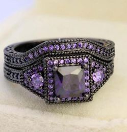 Wedding Rings Creative Fashion Jewellery Princess Cut Purple Zircon Stone Black Filled Ring Set Anniversary7272847