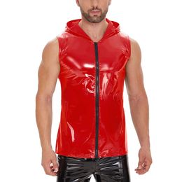 S-7XL Plus Size Mens Wetlook Leather Shirt Hooded Full Zipper Tank Tops Sleeveless Male Shaping Stand Collar Fashion T-shirts Catsuit Costumes