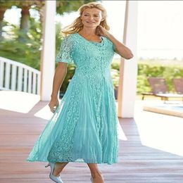 2019 Elegant Tea Length Lace Mother Of The Bride Dresses Scoop Neck Wedding Guest Dress With Sleeves A Line Plus Size Formal Gowns 240Z