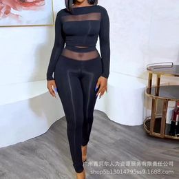 Women's Two Piece Pants Wepbel See-through Mesh Tops Women Patchwork Autumn Skinny Sets Sexy Body-Hugging Suit Trousers Black