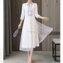 Ethnic Clothing 2024 Chinese Style Improved Women Hanfu Dress Embroidery Retro National Cheongsam Loose Casual Daily Zen W416