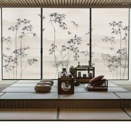 Window Stickers Privacy Glass Frosted Film Ink Landscape Bamboo Pattern Glue-Free Static Cling Anti UV Decorative