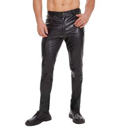 Mens Shiny Soft Matte Leather High-elastic Straight Trousers For Male Sexy Below Zipper Open Crotch Black Casual Pants Catsuit Costumes