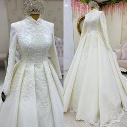 Saudi Arabic Muslim Long Sleeves Wedding Gowns 2022 Modest High Neck Lace Applique Beaded Bride Dresses A Line Sweep Train Vestidos De 271c