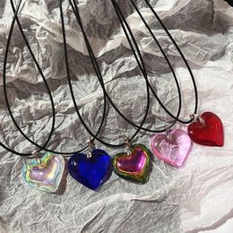 Pendant Necklaces Red Heart Necklace For Women Girls Glass Crystal Black Leather Rope Chain Y2k Jewellery Friends Gift