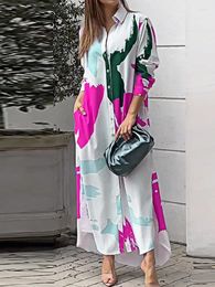 Casual Dresses 2024 Spring Summer Women Printing Maxi Dress Loungewear Turn-Down Collar Party Long Sleeve Elegant Ladies Cardigan