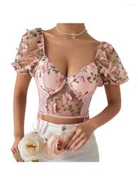 Women's T Shirts Women Vintage Floral Crop Top Summer Puff Sleeve V-Neck Bodycon T-Shirt Back Zipper Retro Bustier Corset