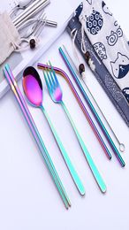 Creative Titanium Plated Portable Tableware 5piece Colourful Colours 304 Stainless Steel Spoon Chopsticks Set Straw Combination6459155